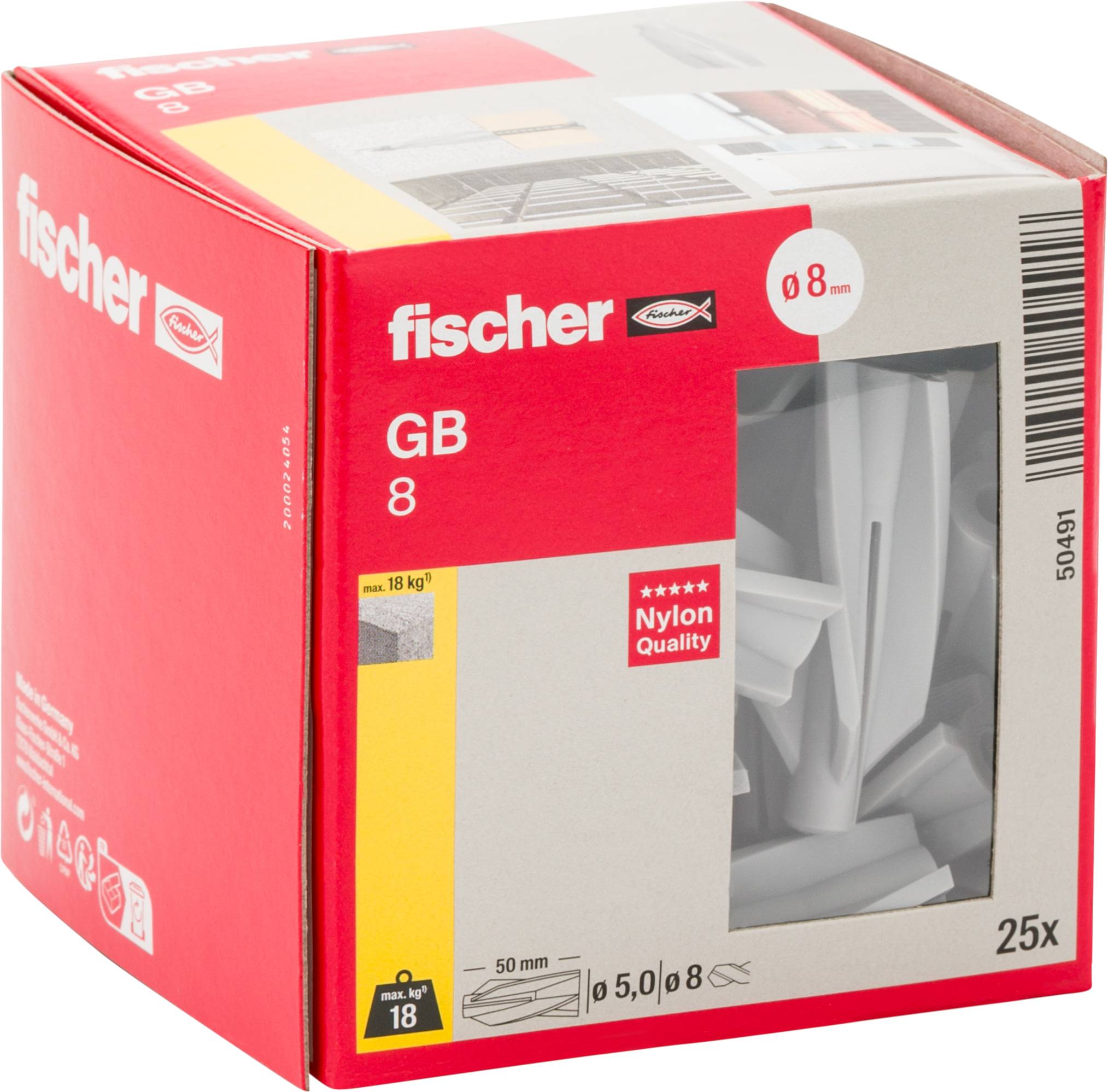 Scatola di tasselli in nylon fischer GB 8 per pareti, etichettata per fori da 8 mm e 25 pezzi, presentata in confezione retail rossa con finestra trasparente.