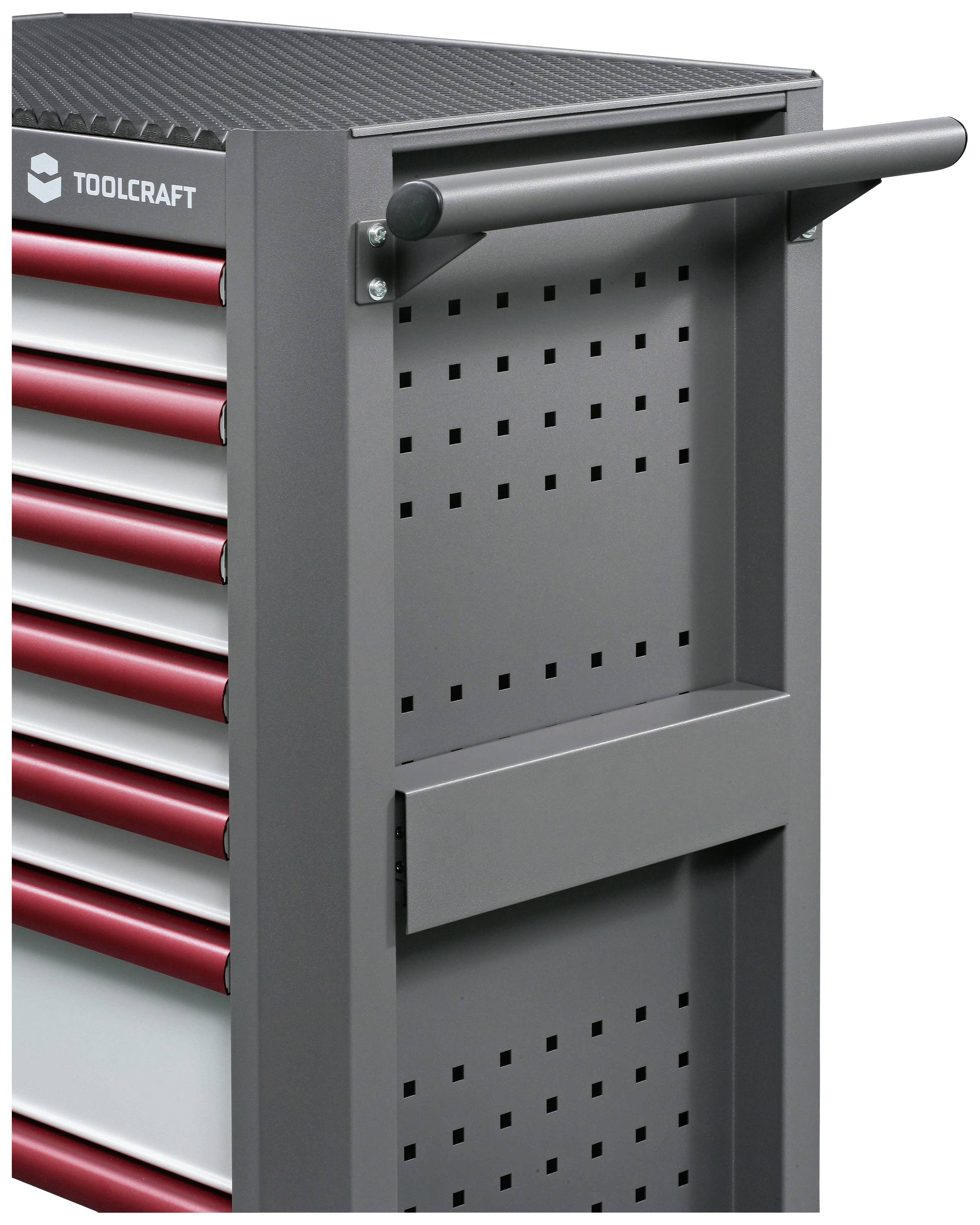 Carrello degli attrezzi con più cassetti, impugnatura sul lato. Nome del marchio 'TOOLCRAFT' visibile. Struttura robusta di colore grigio.