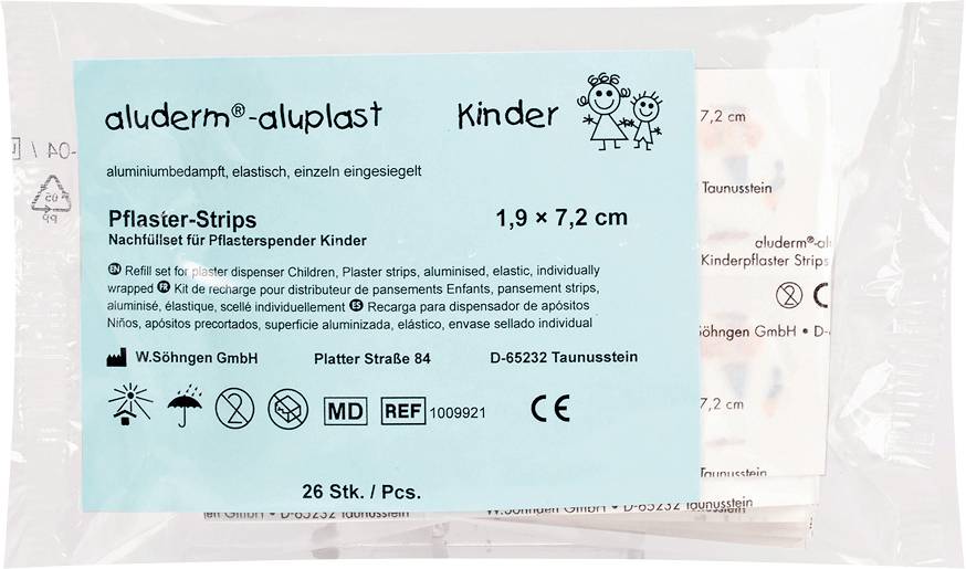 Strisce di cerotto Kinder confezionate da aluderm-aluplast, dimensioni 1,9 x 7,2 cm, 26 pezzi, in una scatola medica sigillata.