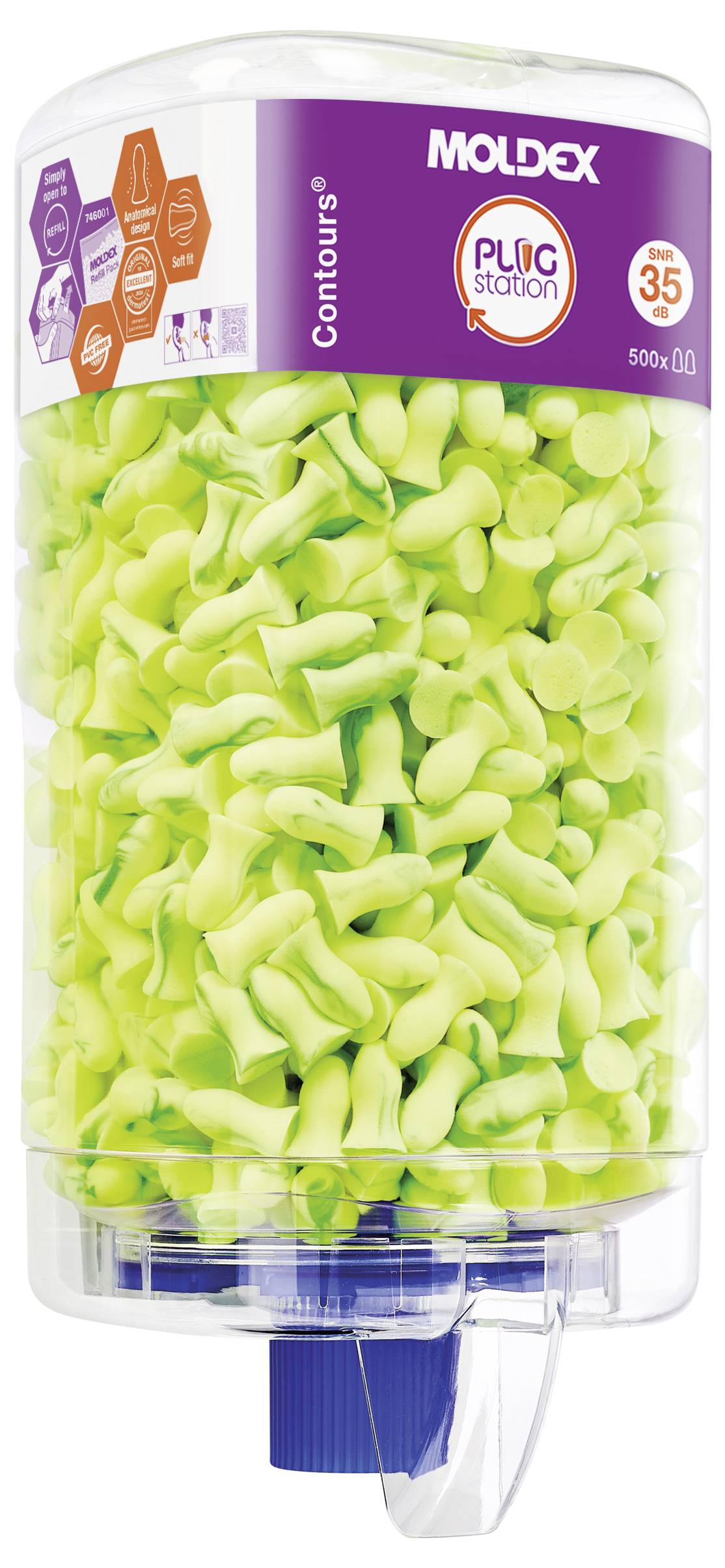 'Dispenser di tappi auricolari riempito di tappi auricolari gialli. Il logo Moldex e il testo "Contour" sono visibili sull'etichetta viola. Contiene 500 paia.'