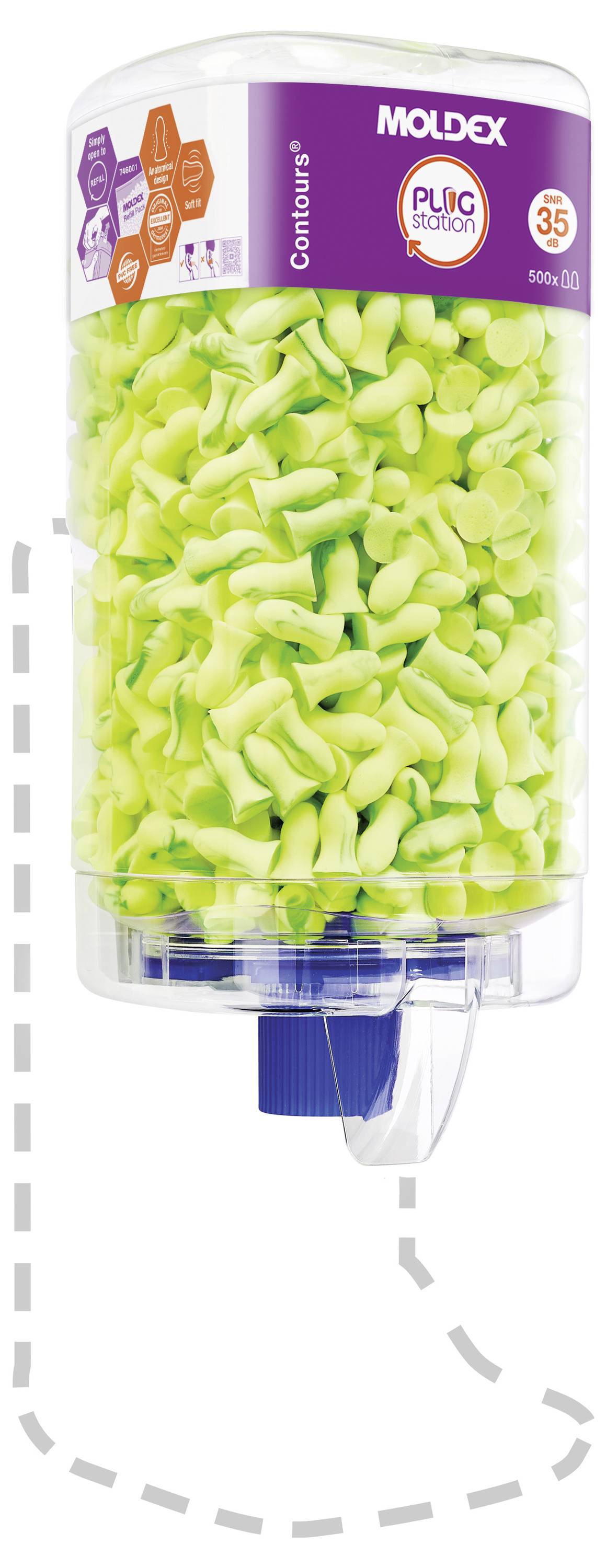 Dispenser montato a parete riempito di tappi per le orecchie verde lime, marchio 'Moldex'.