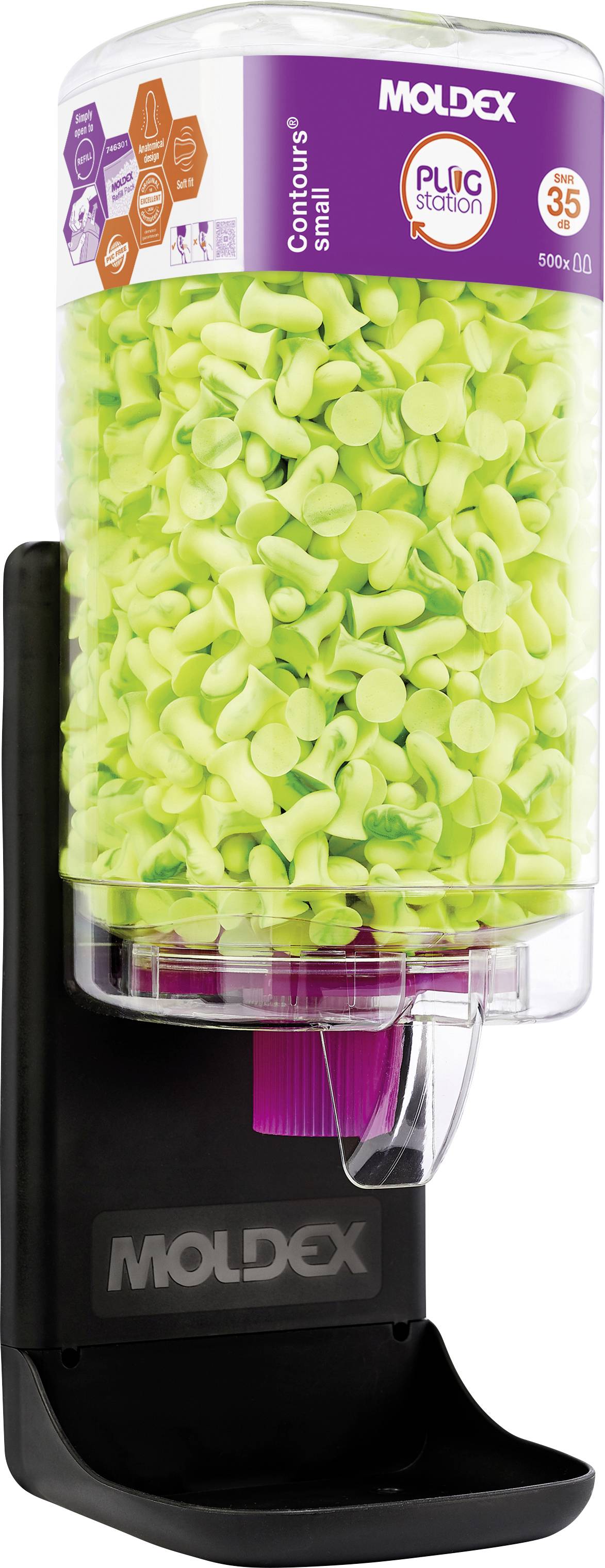 Dispenser di tappi auricolari 'Moldex Contours Small' riempito di tappi auricolari verdi, che offre una riduzione del rumore di 35 decibel, montato su un supporto nero.