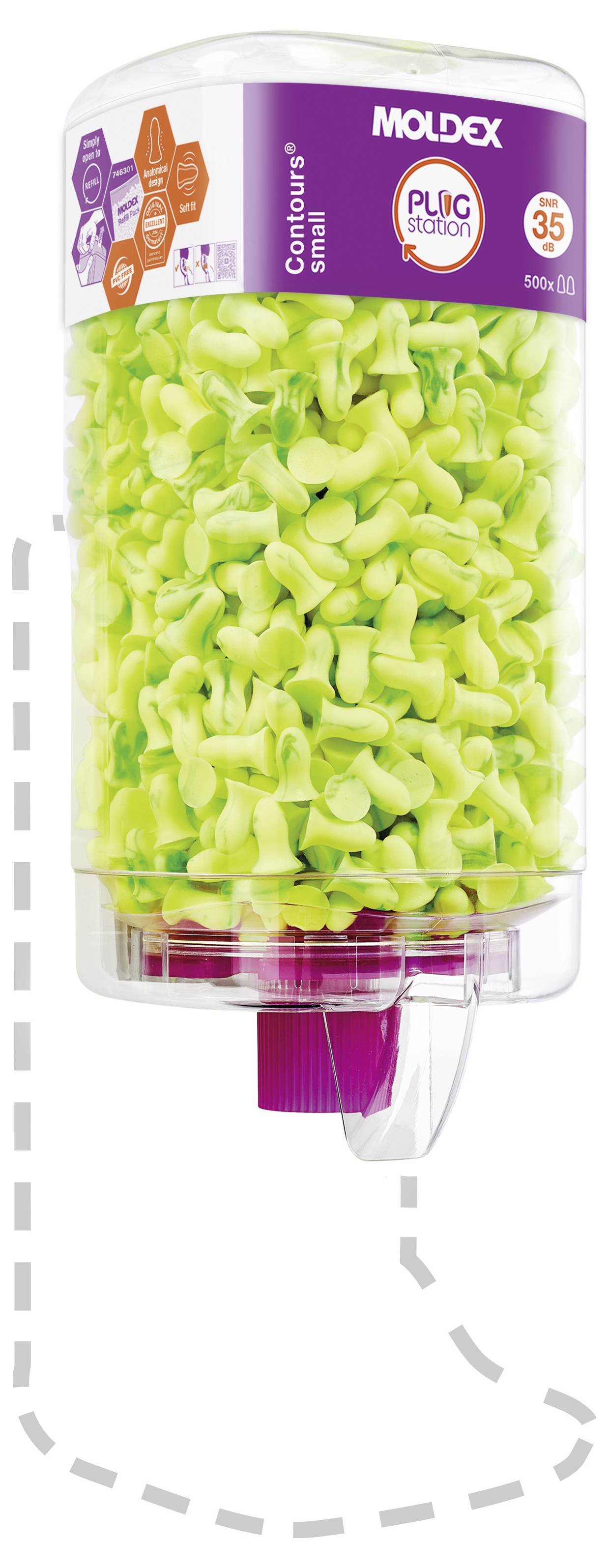 Dispenser riempito di tappi per le orecchie verdi etichettati "Moldex Plug Station 500 paia, 35 dB".
