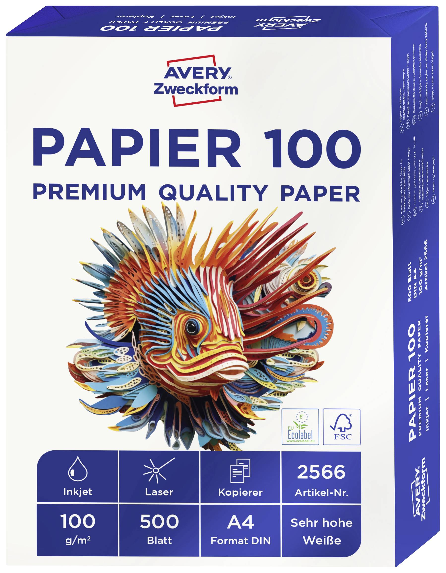 Confezione di carta Avery Zweckform 100. Contiene 500 fogli, formato A4, 100 g/m². Adatta per stampanti inkjet, laser e fotocopiatrici. Certificata Ecolabel e FSC.