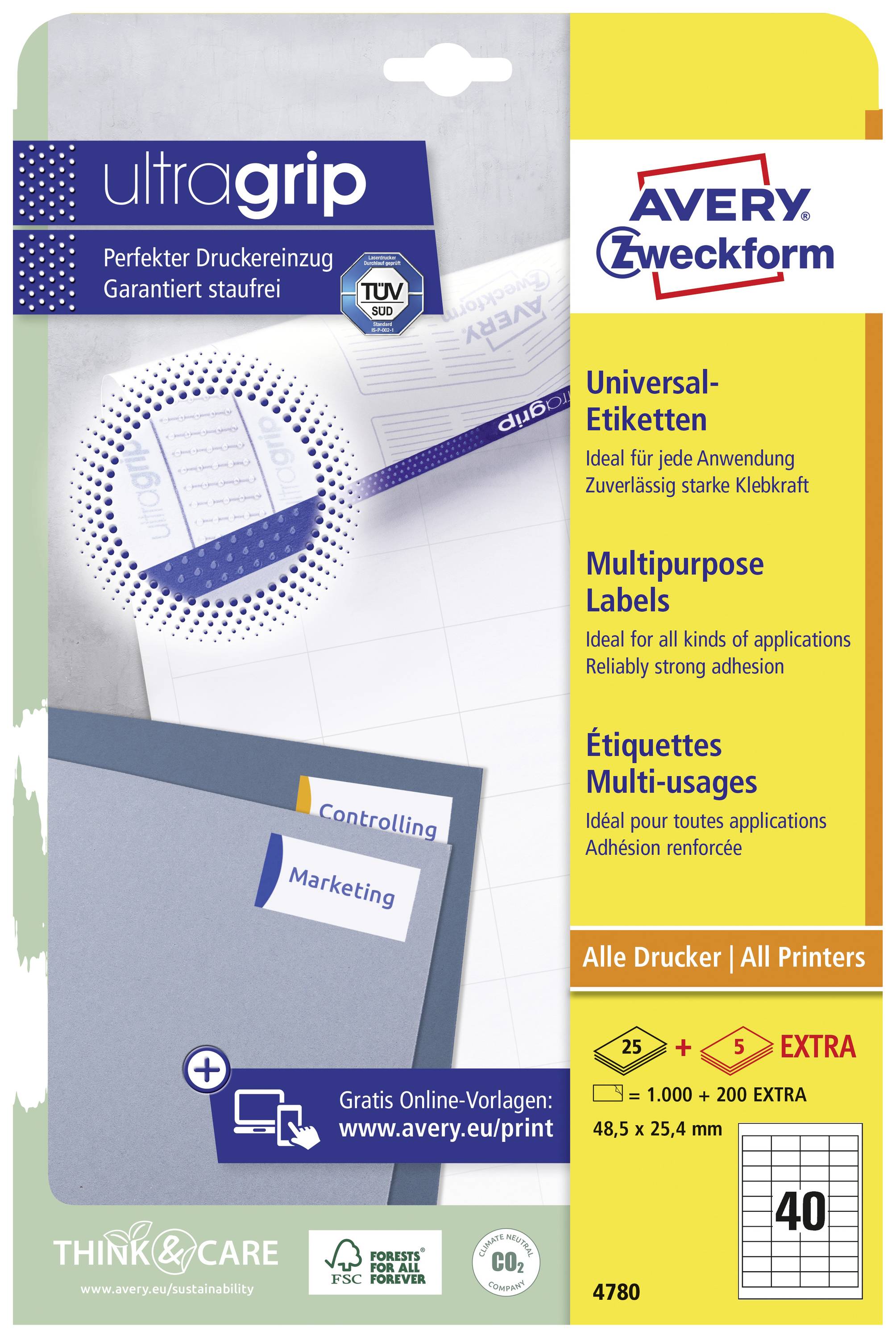 'Scatola di etichette Avery Zweckform', contiene 'Etichette universali' per 'tutti i tipi di stampanti', 40 fogli, 'modelli online gratuiti'.