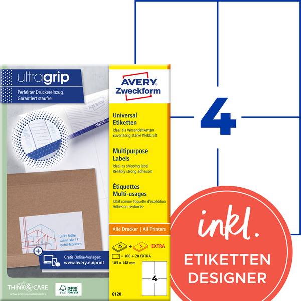 Avery-Zweckform 6120 Etichetta universale 105 x 148 mm Carta Bianco 120 pz. A tenuta permanente Stampante a getto d'inchiostro, Stampante laser, Stampante laser a colori, Fotocopiatrice, Stampante a colori, Dicitura a mano