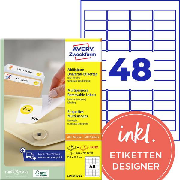 Avery-Zweckform L4736REV-25 Etichetta universale 45.7 x 21.2 mm Carta Bianco 1440 pz. Staccabile Stampante a getto d'inchiostro, Stampante laser, Stampante laser a colori, Fotocopiatrice, Stampante a colori, Dicitura a mano