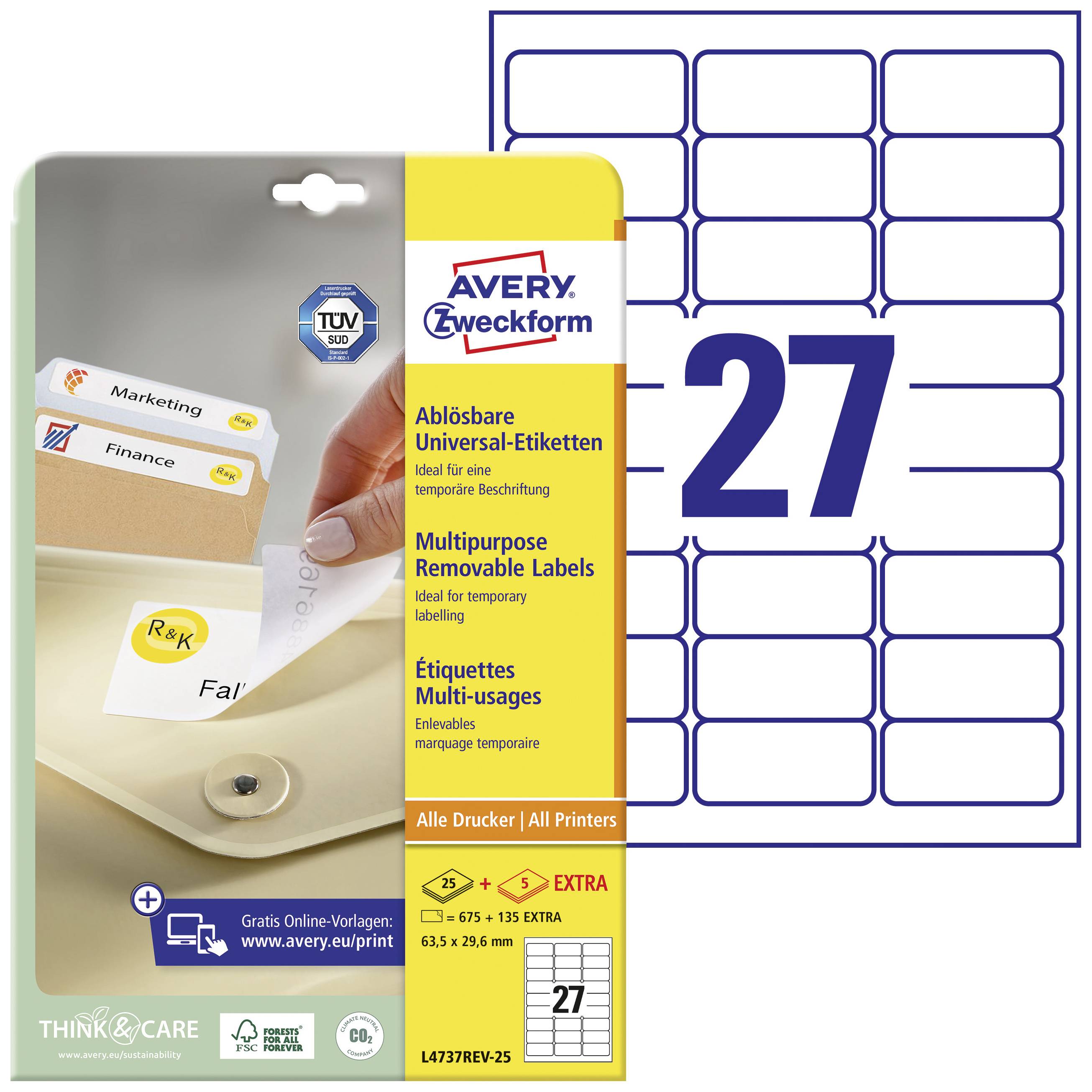 'Confezione di etichette universali rimovibili Avery Zweckform, 27 etichette per foglio, ideali per identificazioni temporanee.'