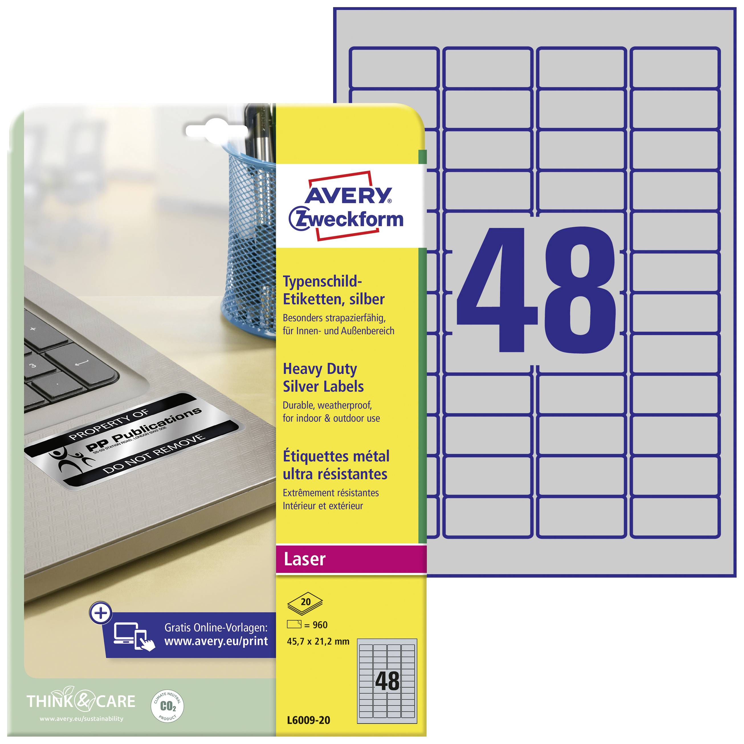 'Set di etichette Avery Zweckform con 48 etichette argentate e resistenti per foglio, adatte per interni ed esterni.'
