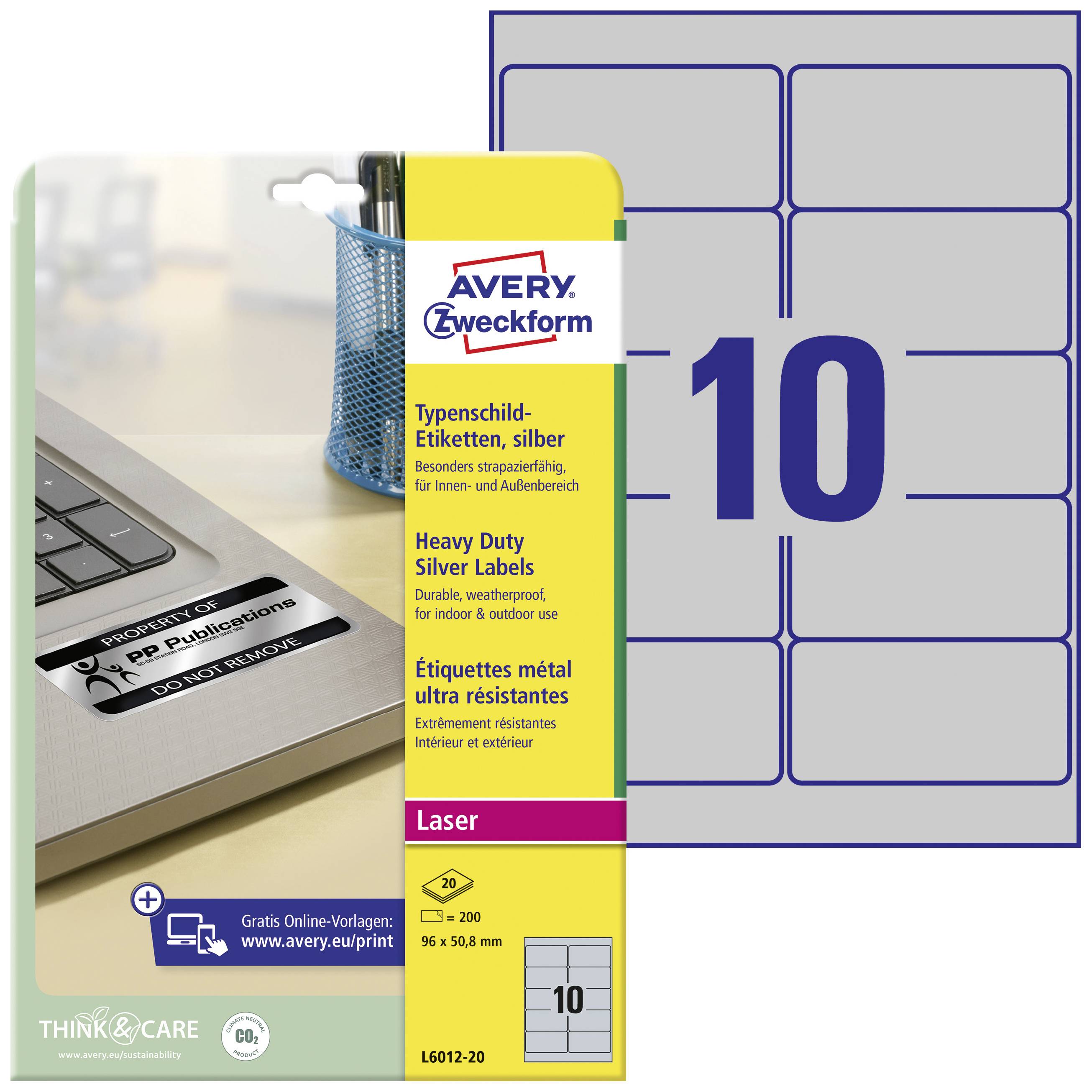 Avery Zweckform Nameplate Labels for Laser Printers, Particularly Durable. 10 Labels per Sheet, Silver Surface.