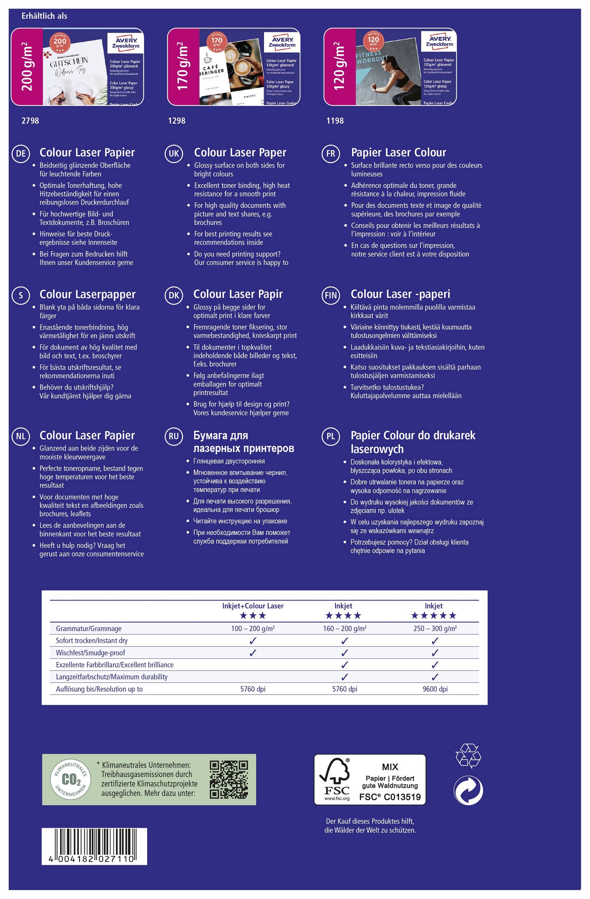 Carta colorata per stampanti laser formato A4, 200g/m², disponibile in tre dimensioni. Ideale per documenti di alta qualità e uso frequente.