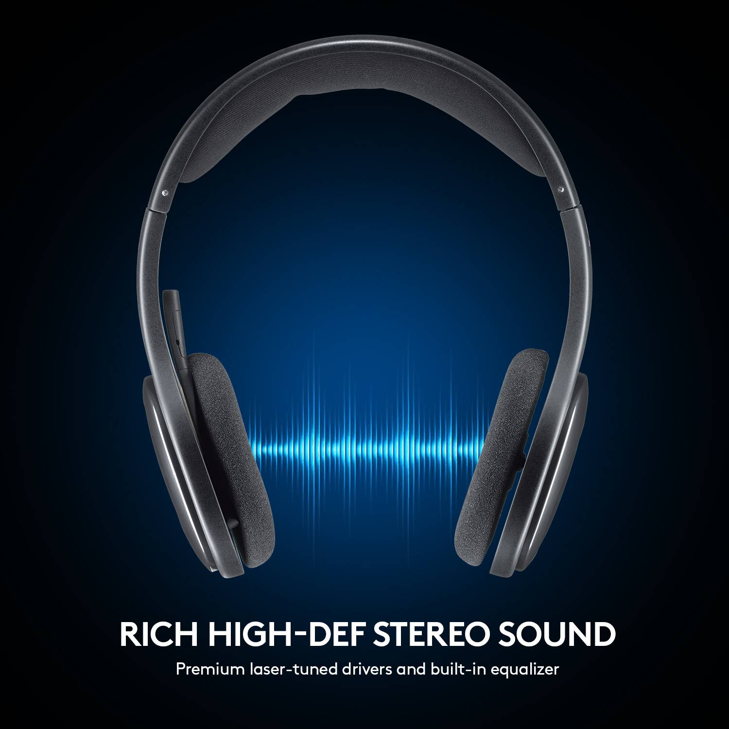 'Cuffie nere con testo: Suono stereo HD ricco e corposo. Driver laser di alta qualità e equalizzatore integrato.'