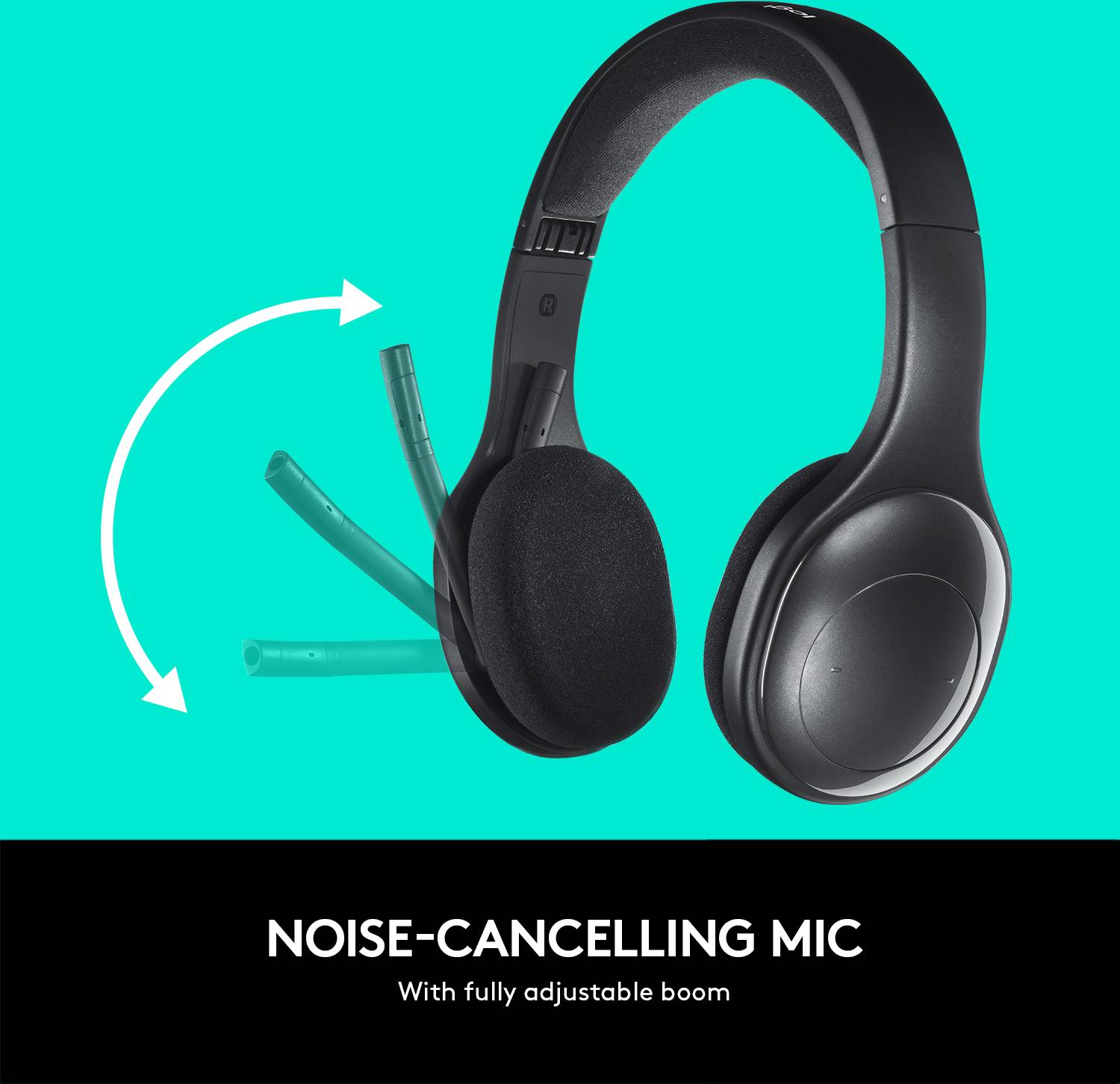 Cuffie nere con microfono regolabile e soppressione del rumore su uno sfondo turchese.