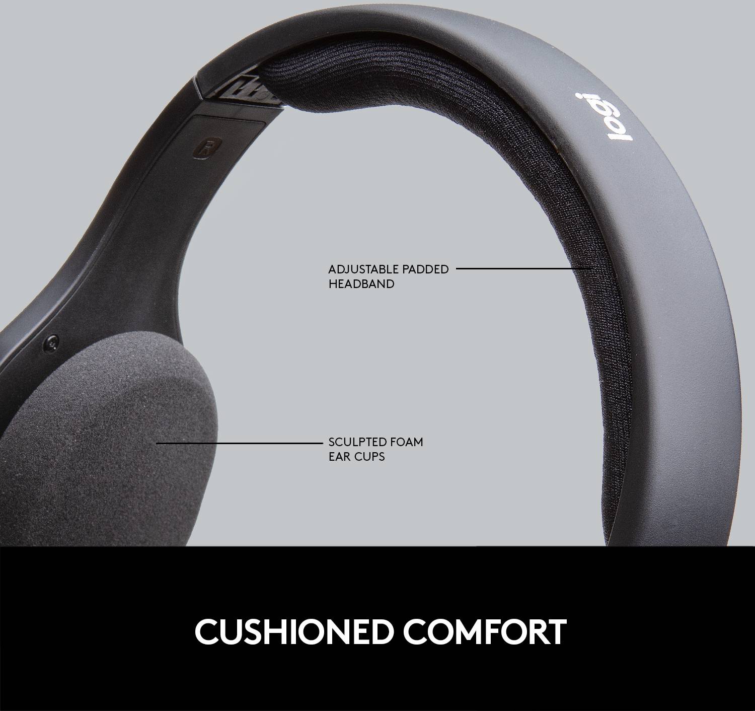 Cuffie con padiglioni imbottiti e archetto regolabile, offrono un comfort di indossamento ideale. Testo: 'Comfort di indossamento imbottito'.