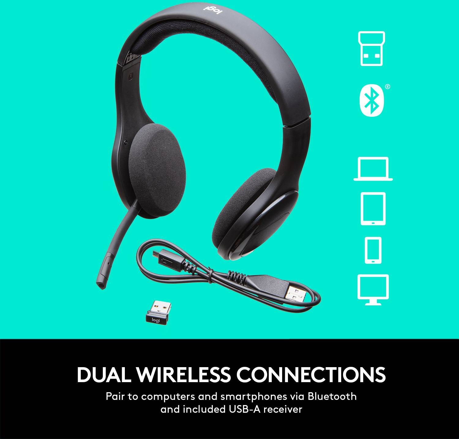 Cuffie wireless con Bluetooth e adattatore USB-A. Compatibile con computer e smartphone. Testo: 'Due possibilità di connessione wireless'.