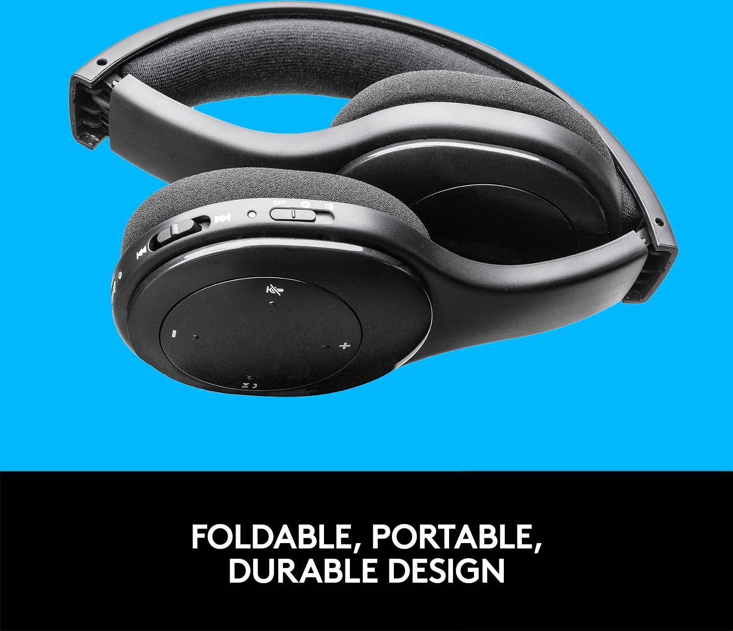 Cuffie con padiglioni auricolari neri e imbottitura, su sfondo blu. Testo sottostante: 'Pieghevoli, trasportabili, resistenti'.