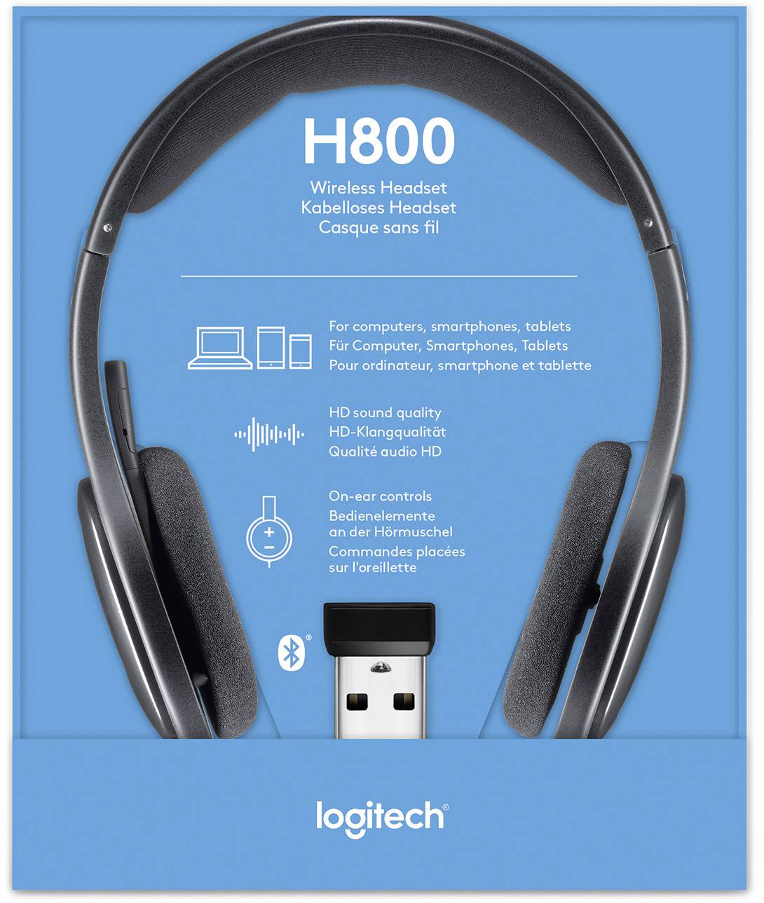 'Logitech H800 Cuffie Wireless' su sfondo blu con immagine delle cuffie e del ricevitore USB. Il testo descrive la compatibilità con computer e dispositivi mobili.