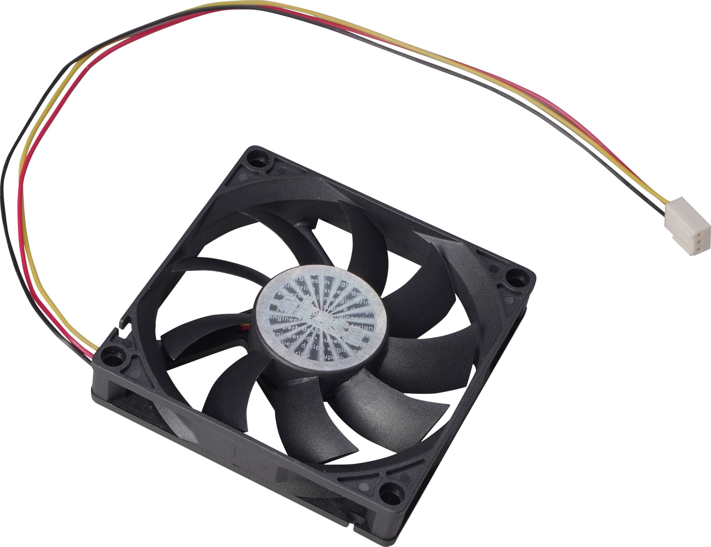 'Ventola nera per computer con sette pale e cavo multicolore. La ventola viene utilizzata per il raffreddamento di componenti elettronici.'