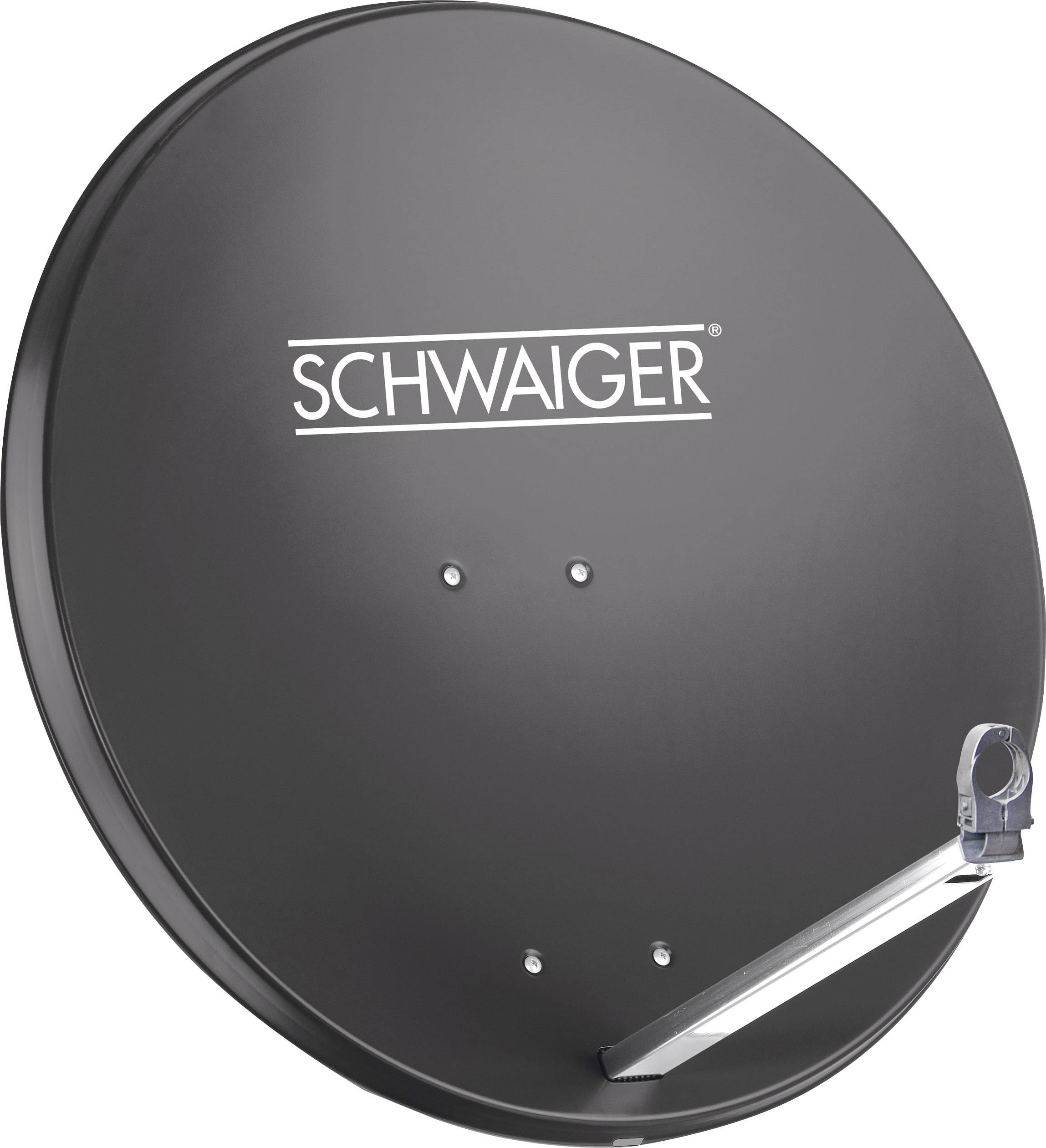 Parabola satellitare con la scritta 'Schwaiger', montata su supporto in alluminio.