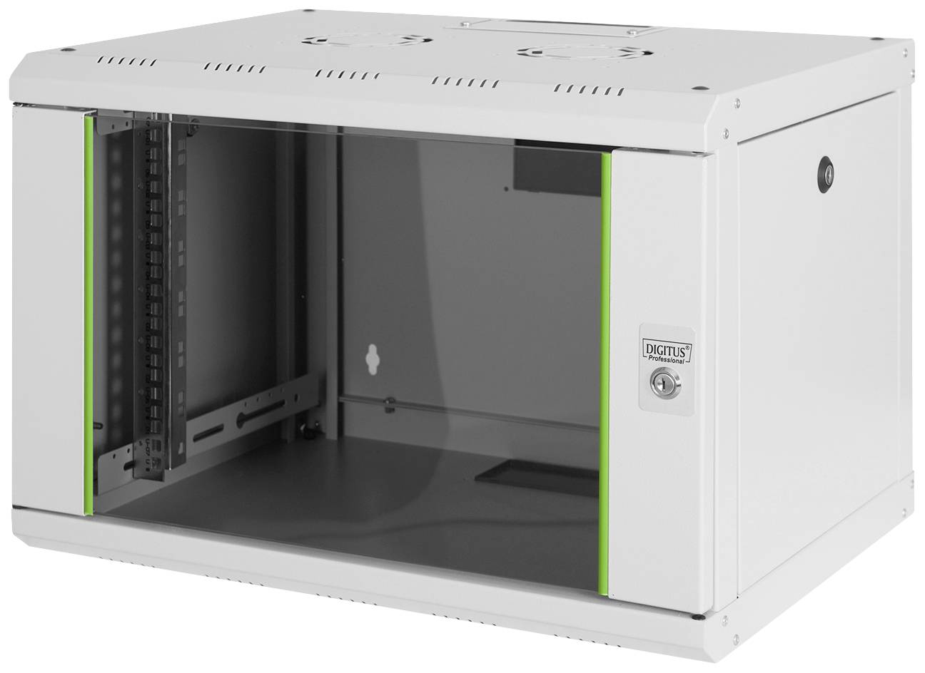 Un armadio server grigio con un accento verde. La porta è aperta, mostra l'interno vuoto. Marchio 'DIGITUS' riconoscibile.