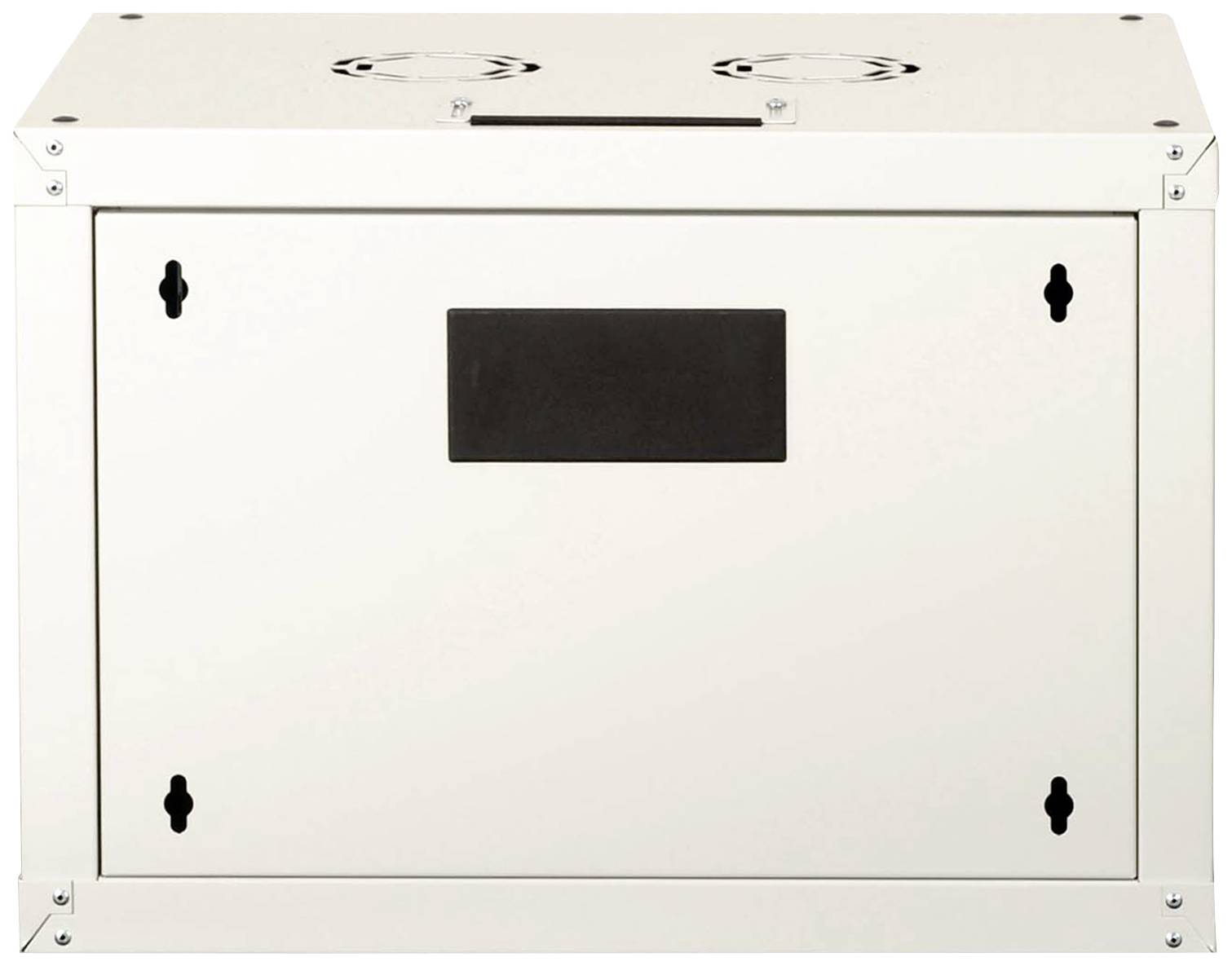 Un armadietto metallico bianco con uno scudo nero al centro e aperture di ventilazione in alto.