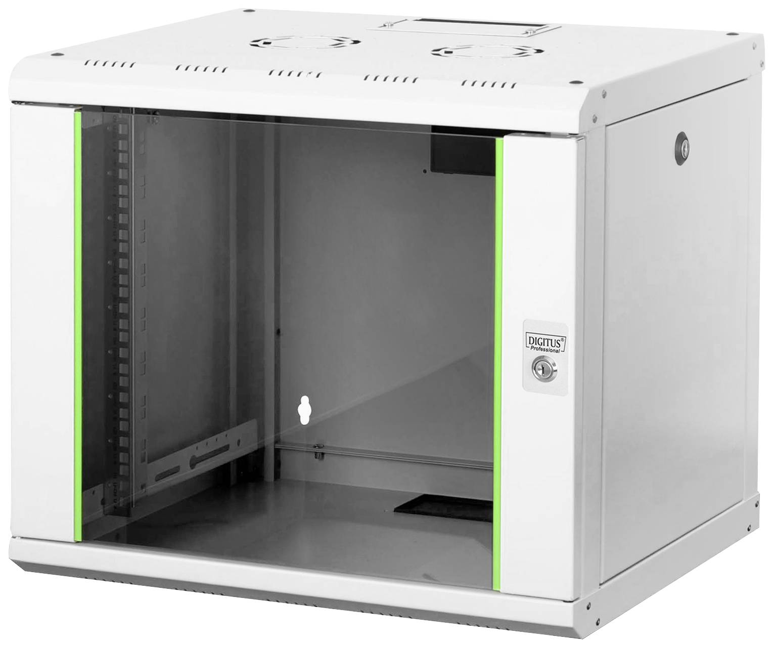Armadio rack server vuoto bianco con porta in vetro. I lati sono in metallo, con un accento verde frontale. Sulla porta è presente un lucchetto.