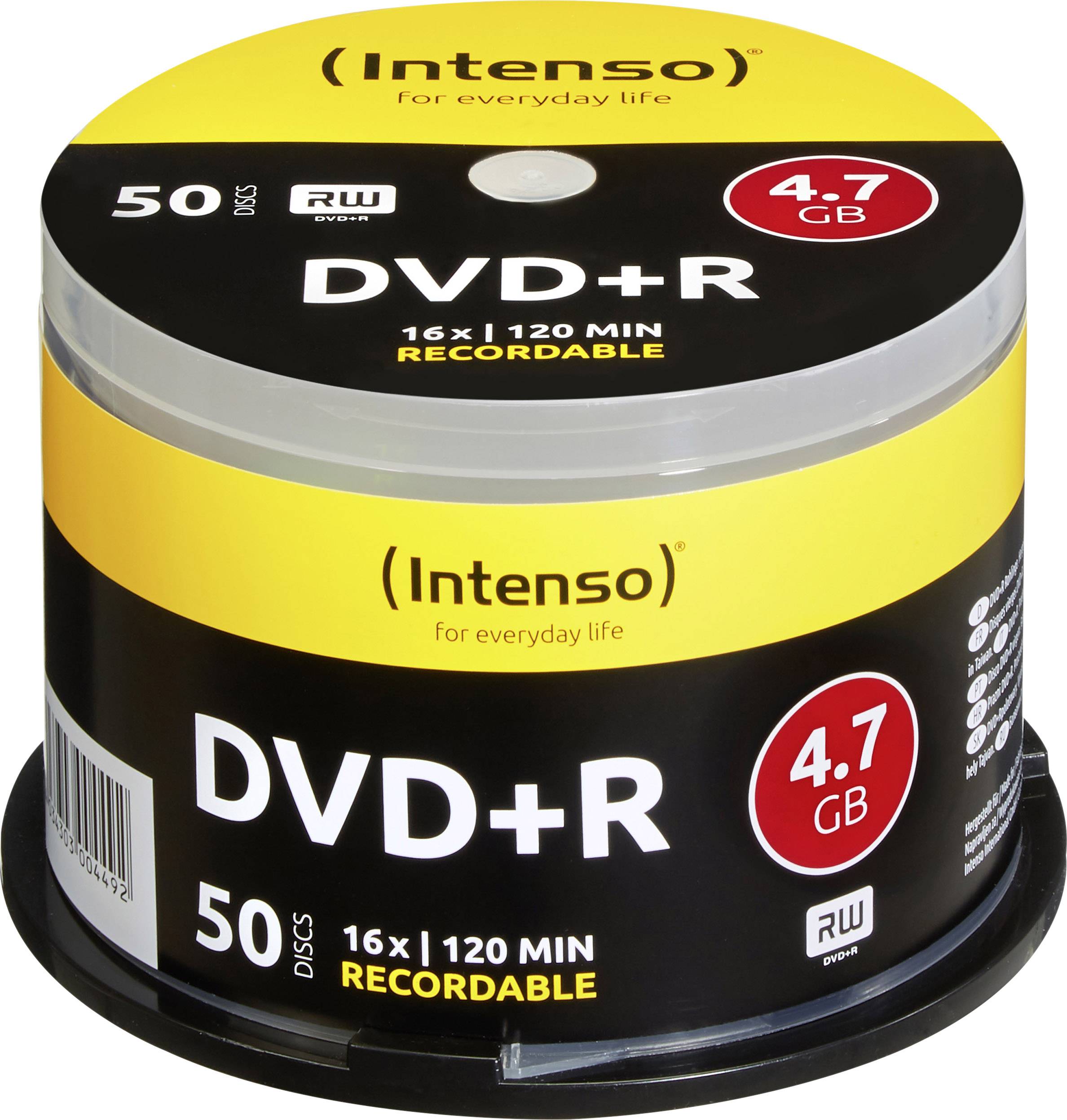 'Confezione da 50 DVD+R Intenso, 4,7 GB, velocità 16x, idonei per la registrazione di video e dati.'