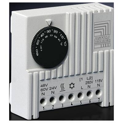 Termostato di regolazione, grigio, con manopola di regolazione nera; scala 0°-60°C; loghi e simboli per specifiche elettriche e connessioni.