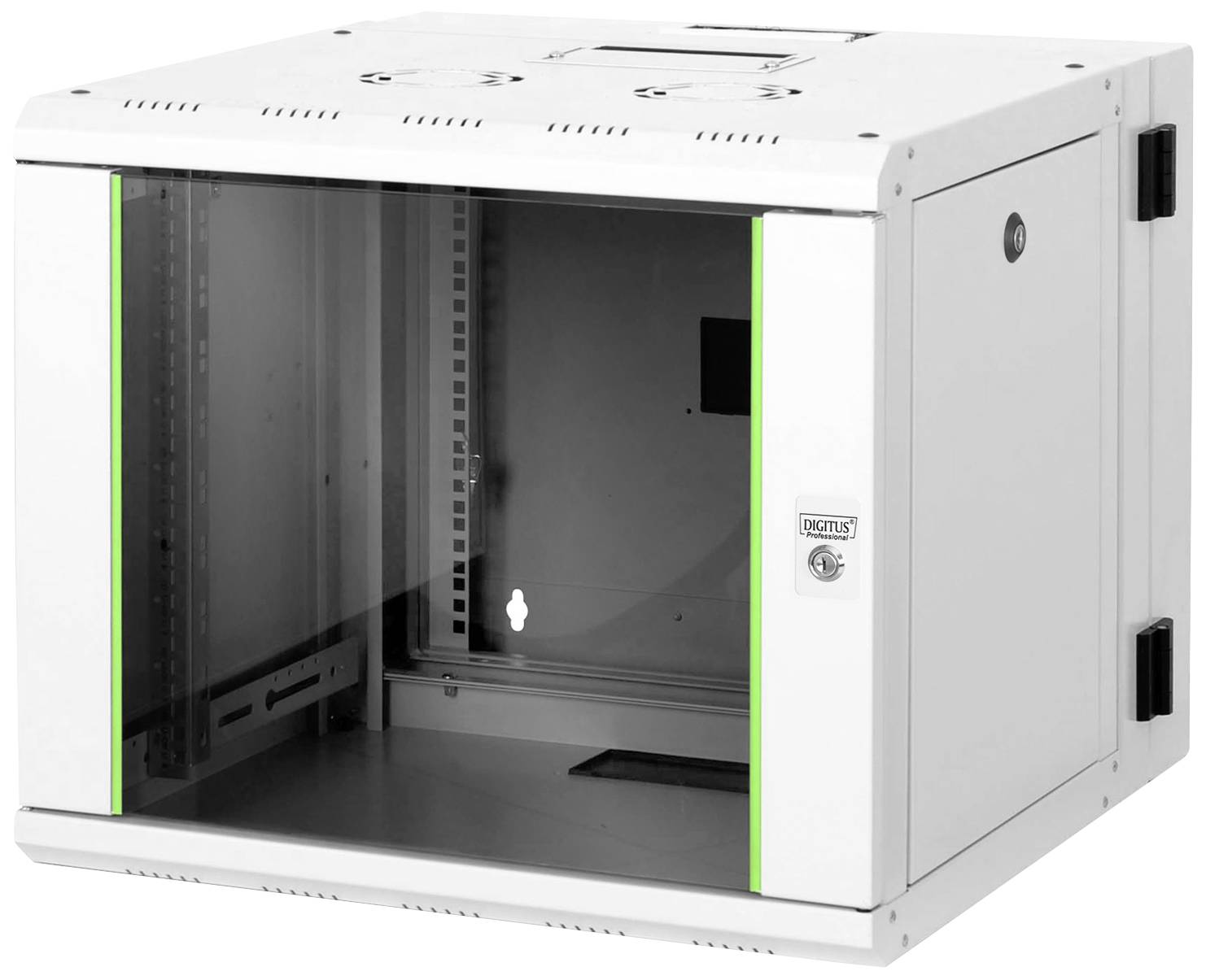 Armadio elettrico bianco vuoto con porta in vetro per apparecchiature tecniche, con accento verde e serratura sul lato frontale.