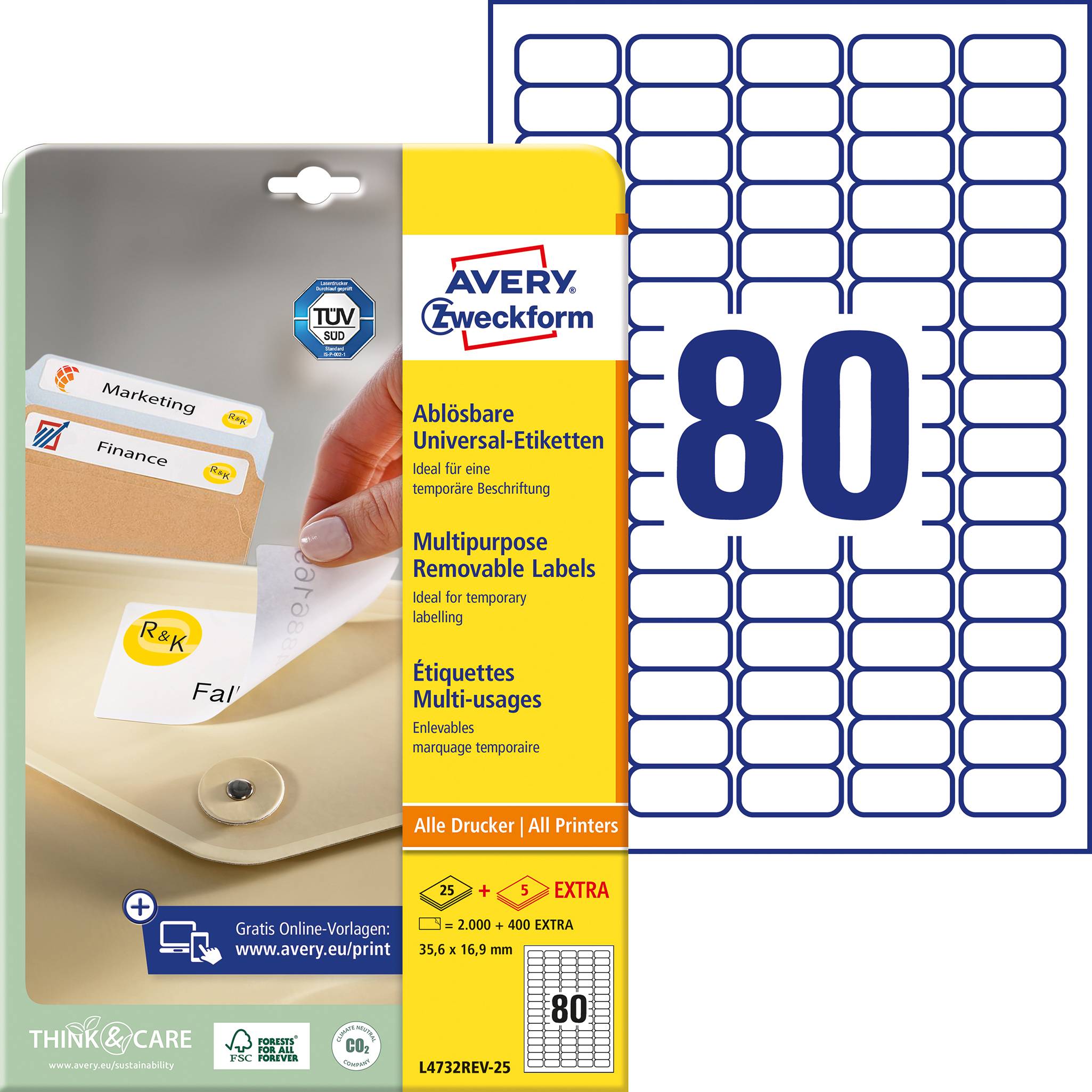 Confezione di etichette multiuso Avery Zweckform raffigurata. Contiene 80 etichette universali removibili, adatte a tutti i tipi di stampanti.
