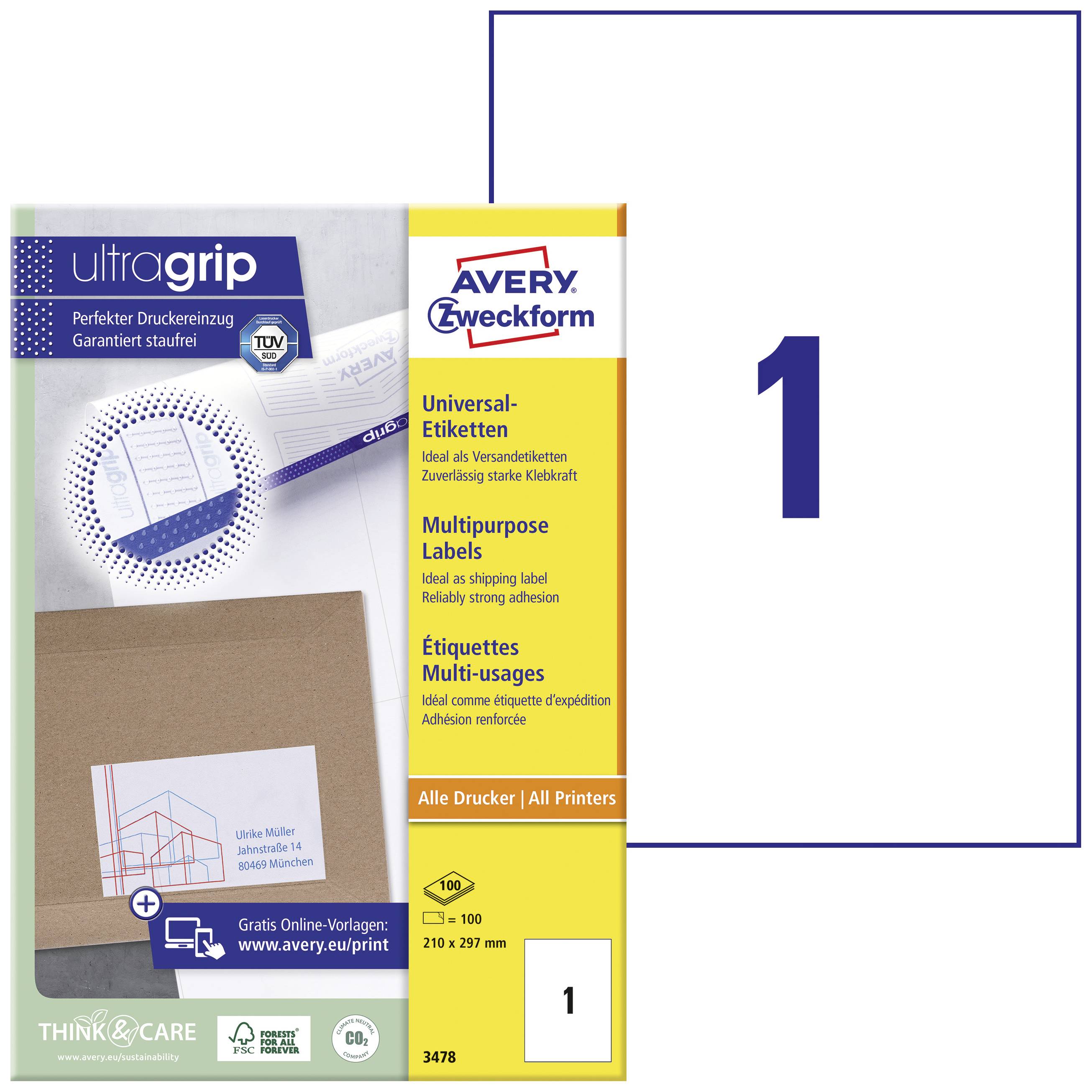Confezione di etichette di Avery Zweckform con scritta 'ultragrip' e 'Etichette universali'. Contiene 100 etichette.