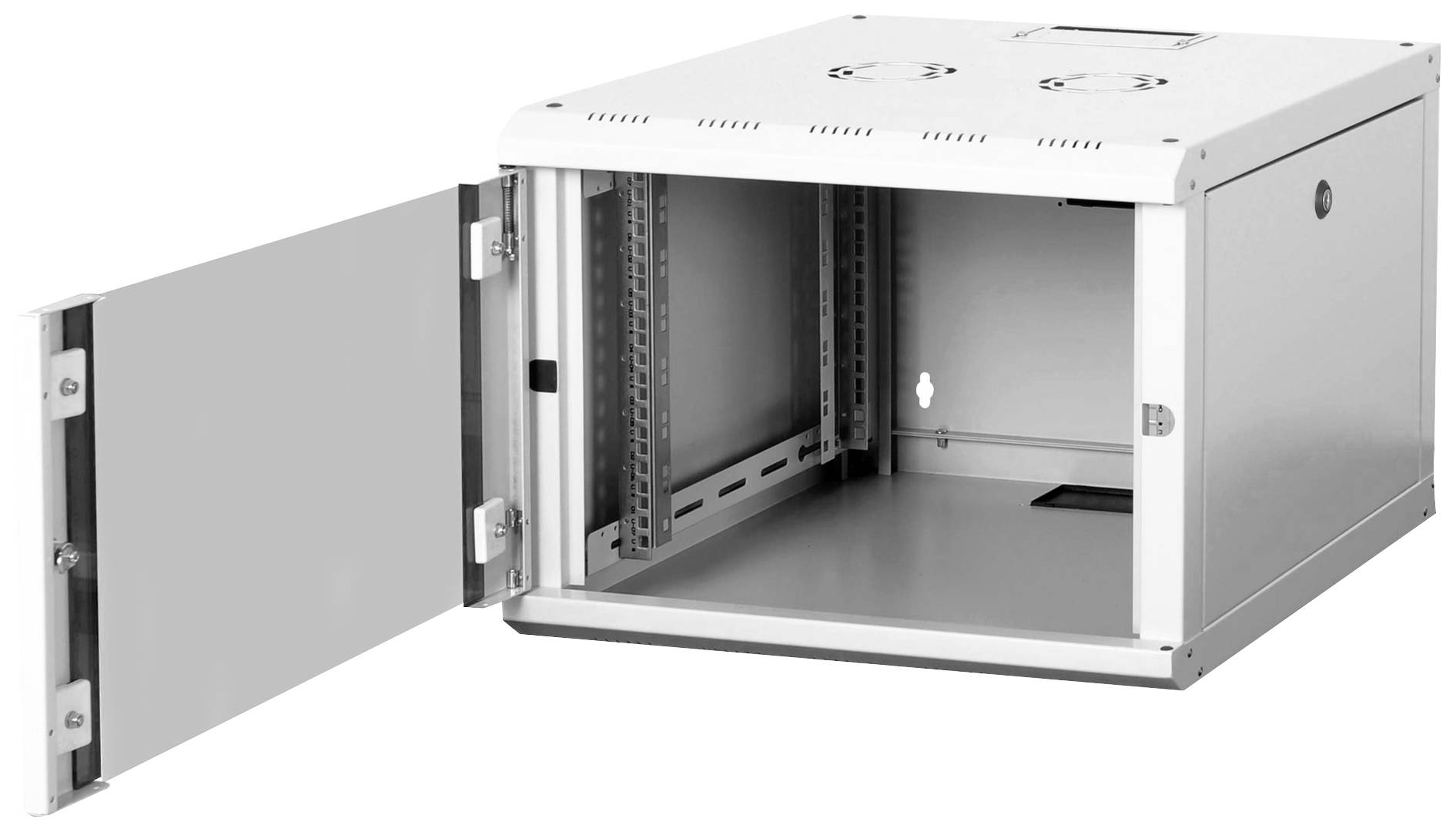 Un armadio da parete vuoto, bianco, con porta aperta, idoneo per l'installazione di attrezzature di rete o server.