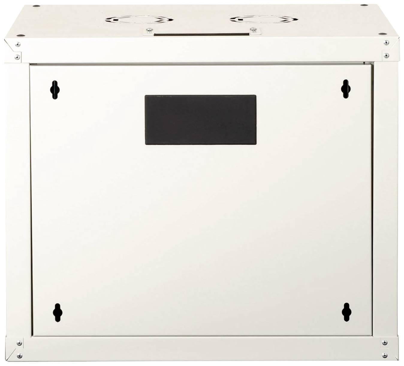 Un quadro elettrico rettangolare bianco con un'apertura nera al centro. In ogni angolo sono presenti punti di fissaggio.