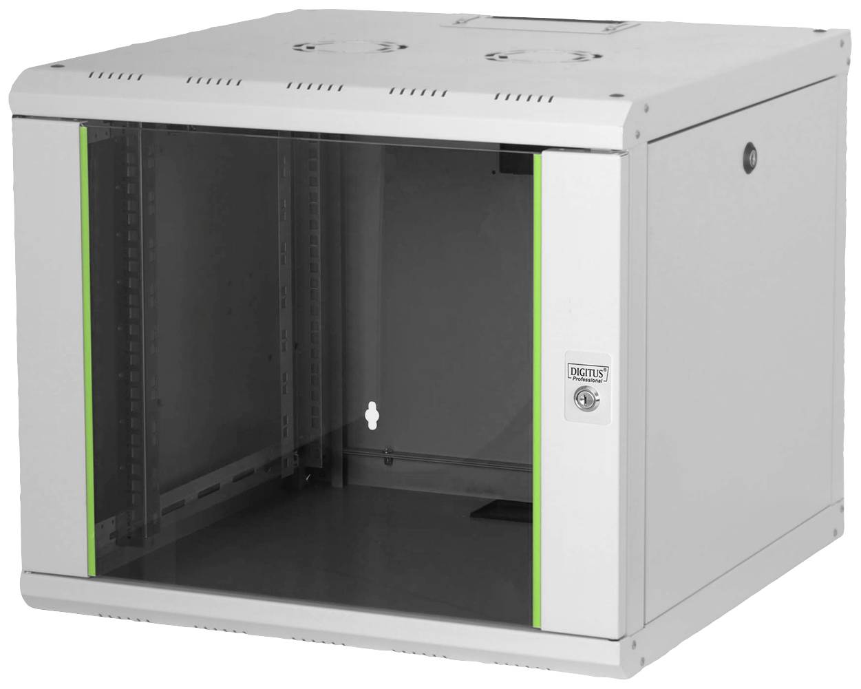 Un armadio di rete vuoto da parete con porta in vetro, idoneo per apparecchiature IT, come server o dispositivi di rete.
