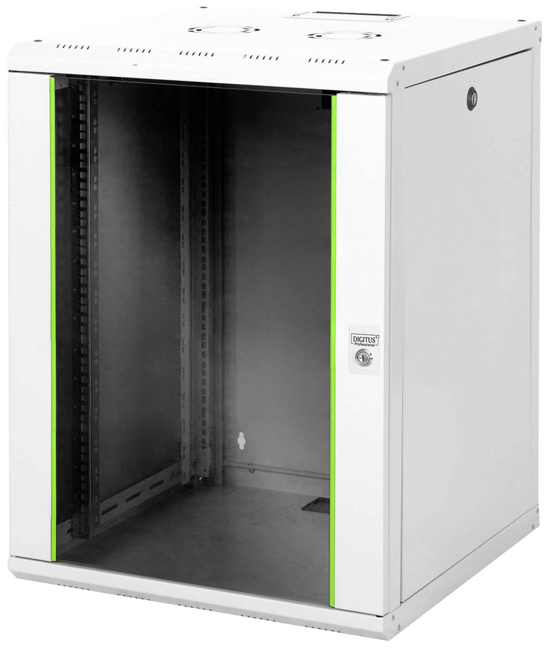 Armadio rack di rete bianco e vuoto con porta in vetro e bordi verdi, idoneo per l'installazione di server e attrezzature di rete.