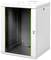 Armadio rack di rete bianco e vuoto con porta in vetro e bordi verdi, idoneo per l'installazione di server e attrezzature di rete.