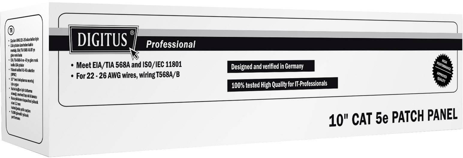 Confezione bianca di un Patch Panel Cat 5e da 10" di Digitus Professional, specificato secondo gli standard EIA/TIA 568A e ISO/IEC 11801, fabbricato in Germania.