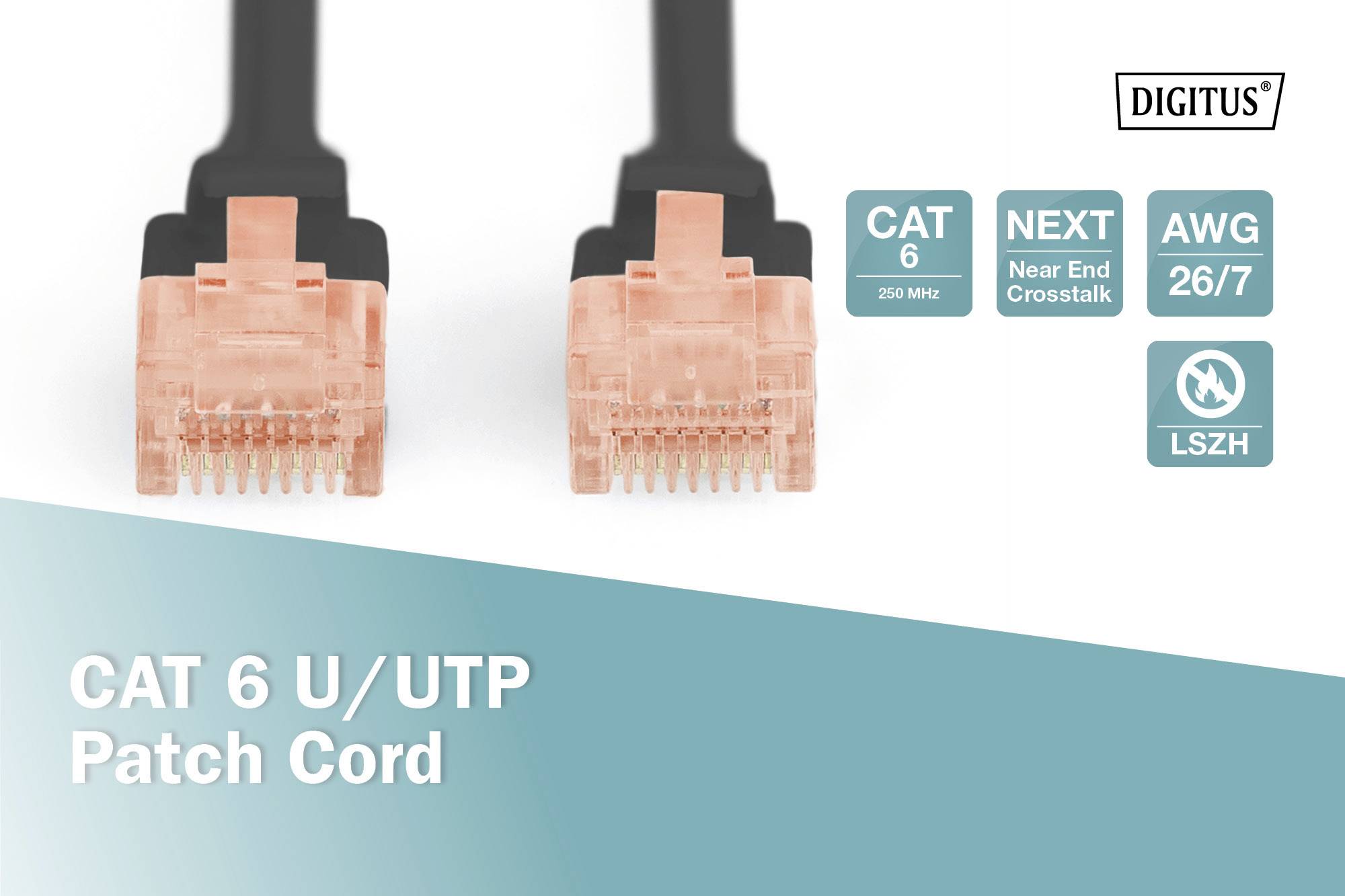Due cavi patch CAT 6 U/UTP con connettori arancioni, guaina esterna nera, per alte prestazioni e bassi livelli di diafonia, AWG 26/7.