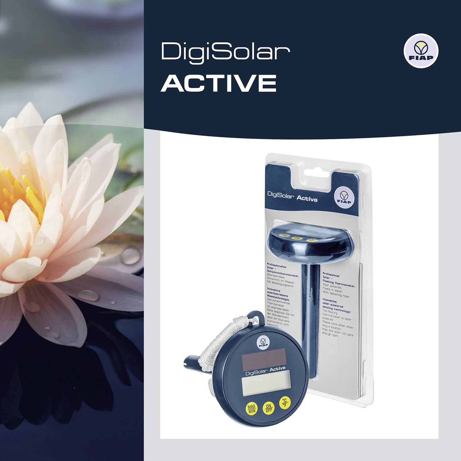Confezione di 'FIBAR-DigiSolar Active' con termosolare digitale. A sinistra un fiore di loto, a destra il prodotto in imballaggio di plastica.