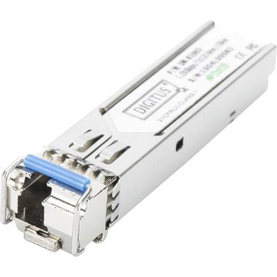Un modulo SFP di Digitus, standard per connessioni di rete, con involucro argentato e linguetta blu, compatto e rettangolare.