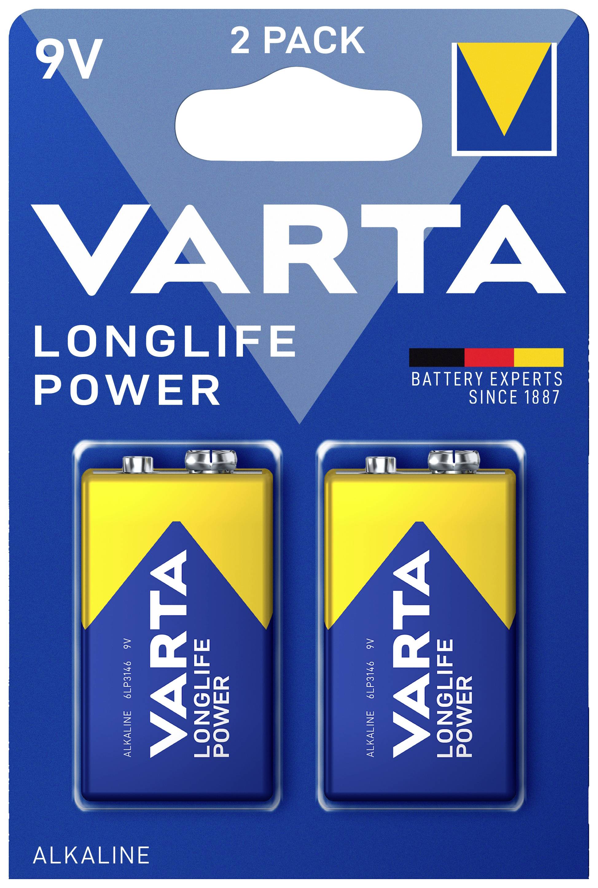 'Varta Longlife Power' batterie da 9V, confezione da 2, in confezione blu e gialla. Caratteristiche principali: Alcaline, per un'energia duratura.