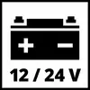 Simbolo di una batteria con polo positivo e negativo. Sotto, l'indicazione: 12/24 V, che rappresenta le opzioni di tensione.