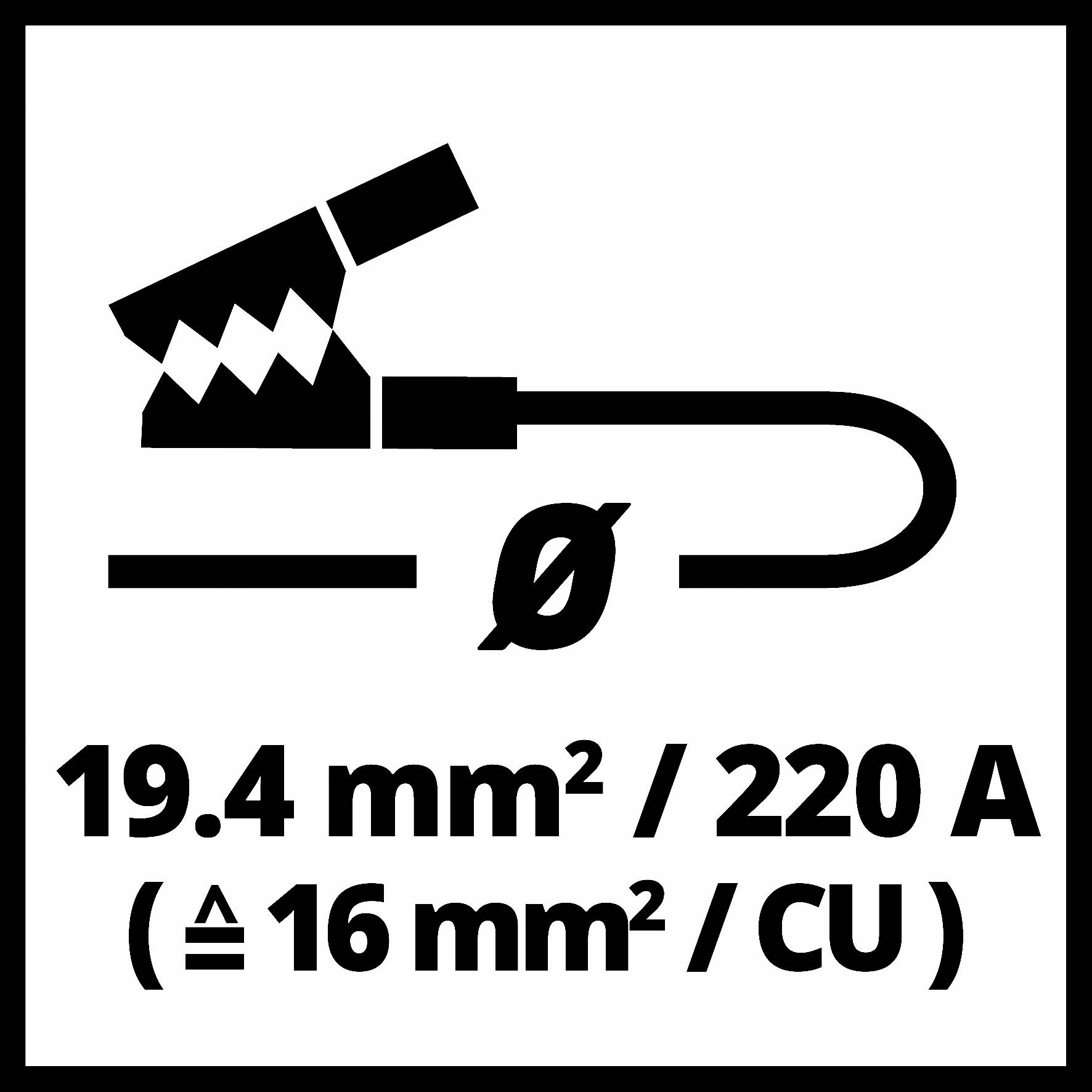 Un simbolo mostra un cavo di connessione ad angolo accennato. Testo: '19,4 mm² / 220 A (Δ 16 mm² / CU)'.