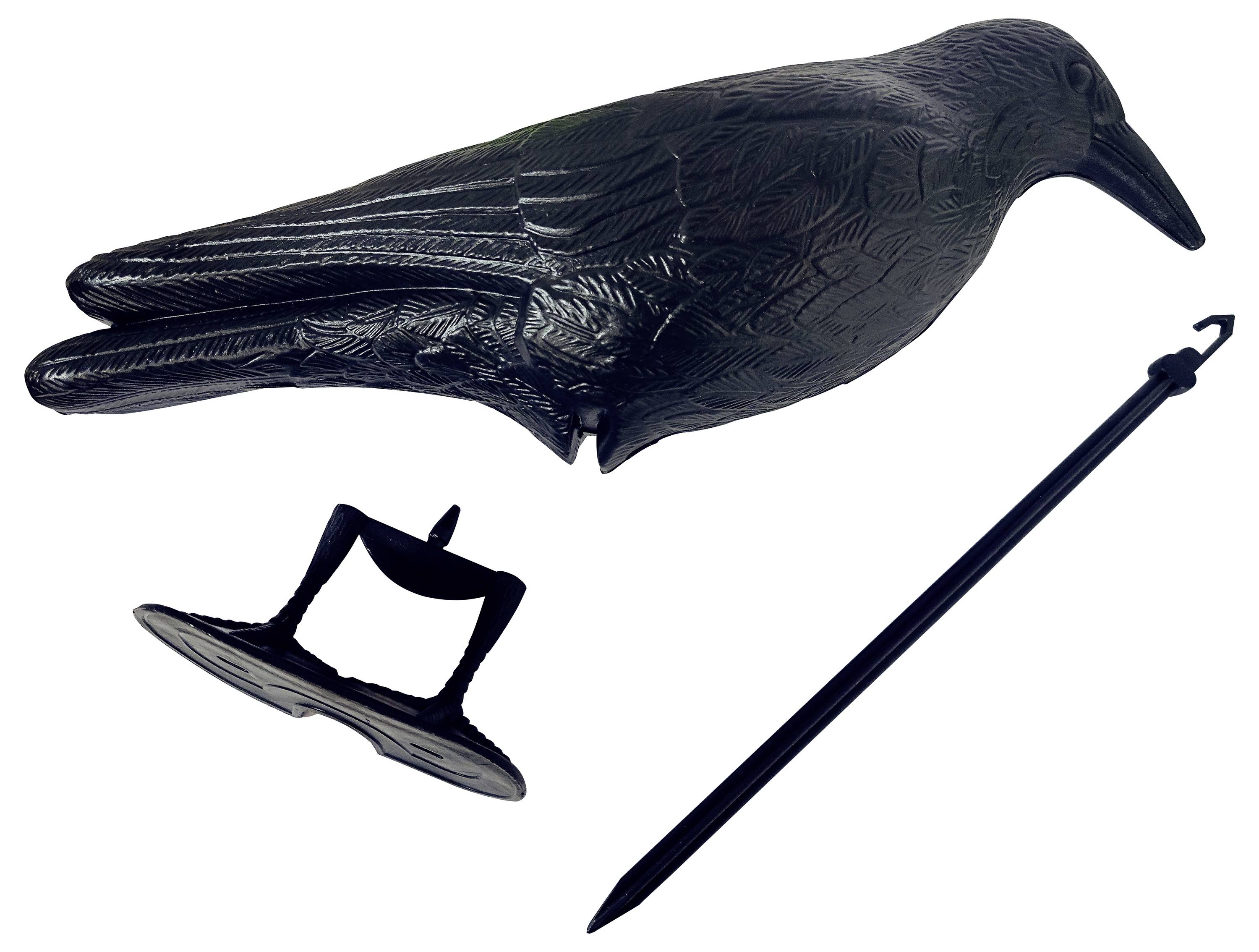 Un decoy di corvo nero con palo separato e base, utilizzato per il controllo dei parassiti del giardino o come decorazione.