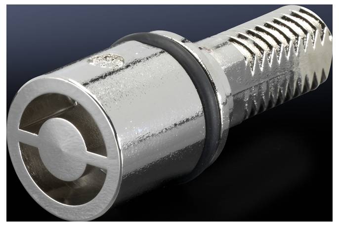 Un perno filettato metallico con un O-ring è raffigurato su uno sfondo scuro.