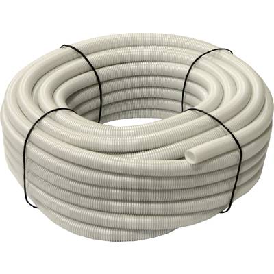 Un grande rotolo di tubo corrugato grigio in plastica, adatto per la gestione e la protezione dei cavi in installazioni elettriche.