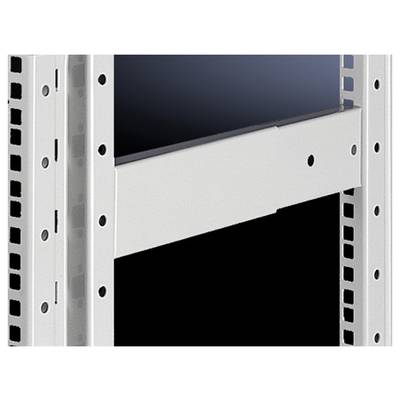 Un telaio metallico grigio chiaro con fori stampati, parte di un sistema di scaffalature. In primo piano è presente una striscia orizzontale di rinforzo.
