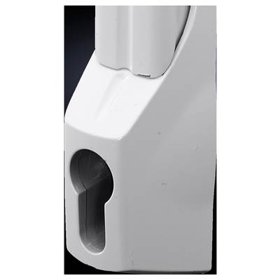 Dettaglio di un dispositivo bianco con un foro a forma di serratura su sfondo nero.