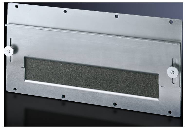 Componente metallizzata con un'apertura rettangolare scura al centro, assemblabile mediante viti laterali.