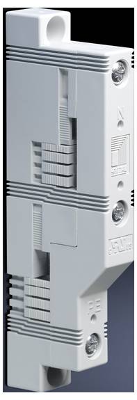 Un interruttore automatico elettrico in un involucro neutro, montato verticalmente, con interruttori e connessioni visibili.